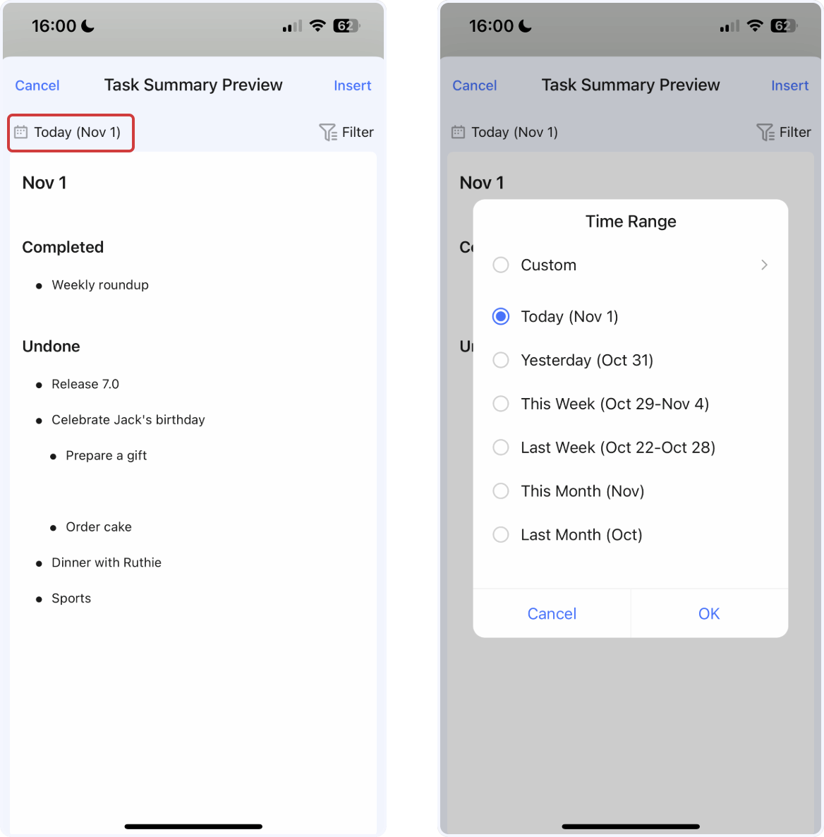 Filter: Filter by list, tag, and assignee;