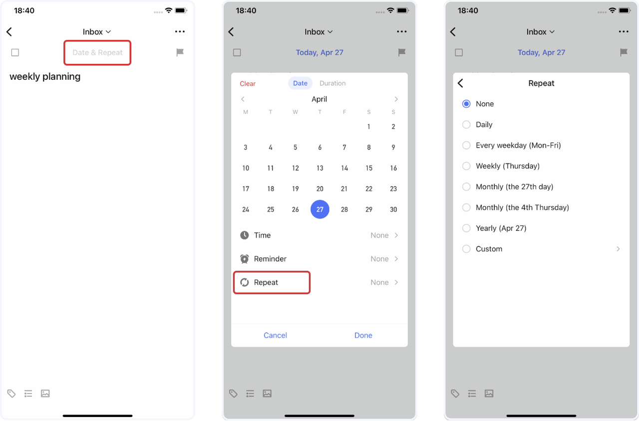 TickTick provides quot Every day/week/month/year/custom quot repeat options to TickTick provides quot Every day/week/month/year/custom quot repeat options to