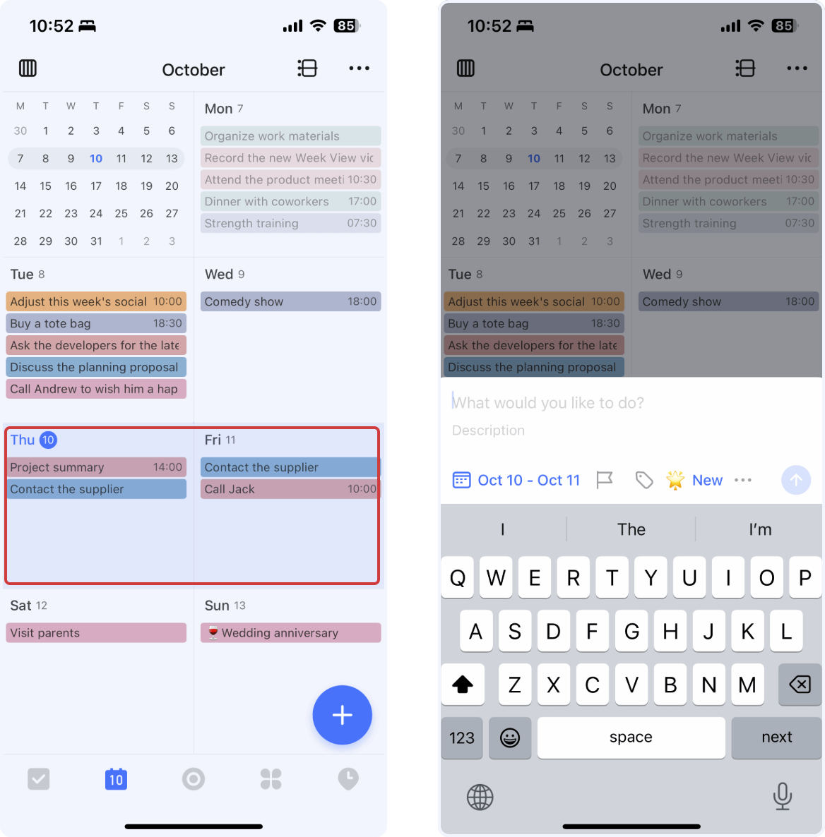 Long-press and drag on the date grid to select multiple dates and add ...