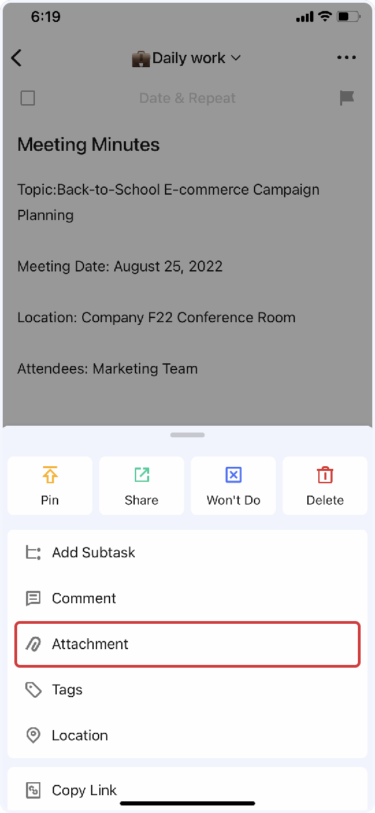 Click on the task upper right corner attachment to add