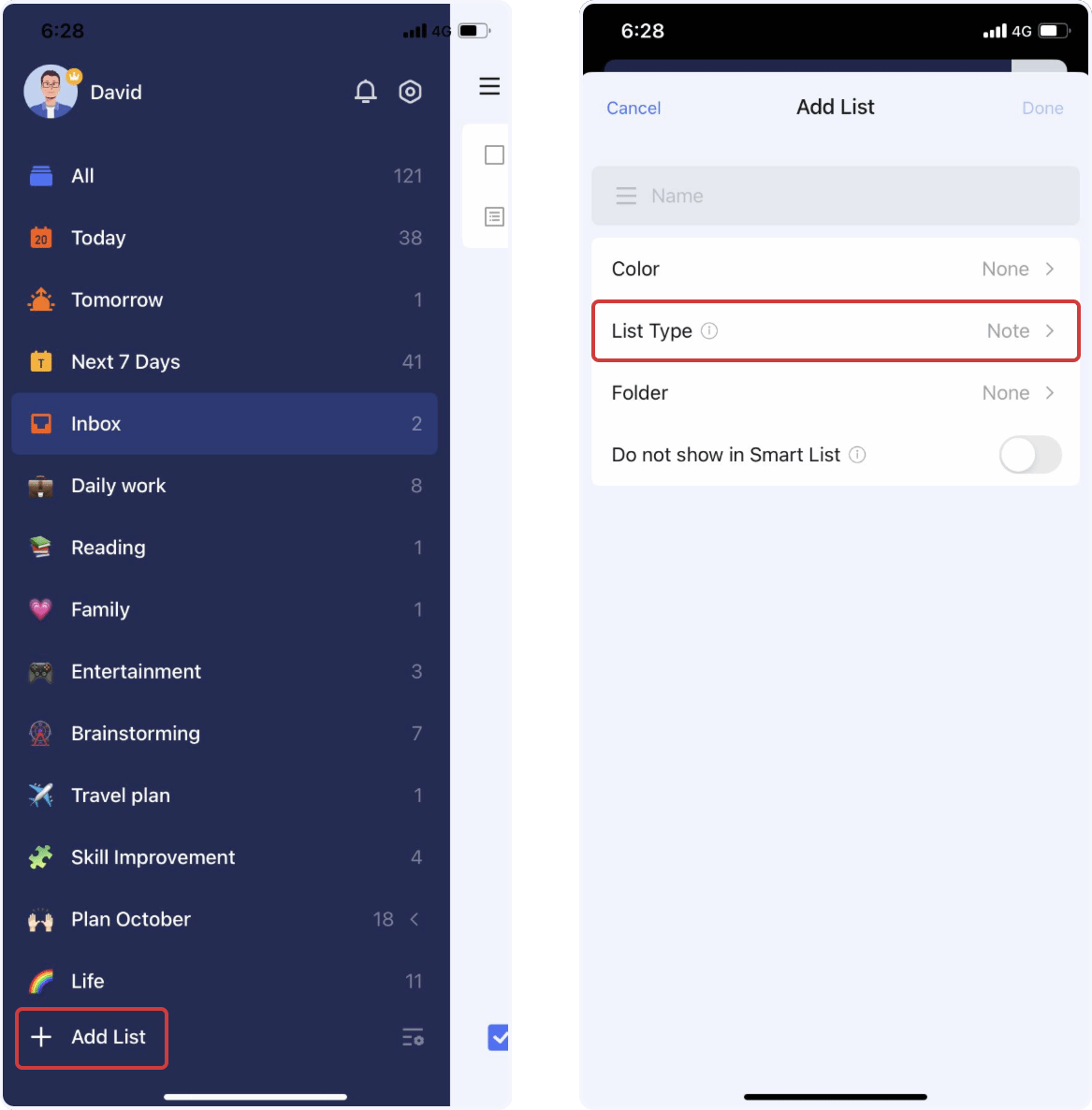 Click the "Add List" option in the sidebar, and then select "Note List ...